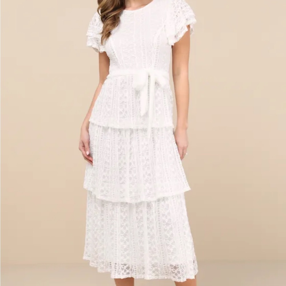 Lulus Whimsical Spirit Ivory Lace Tiered Backless Midi Dress